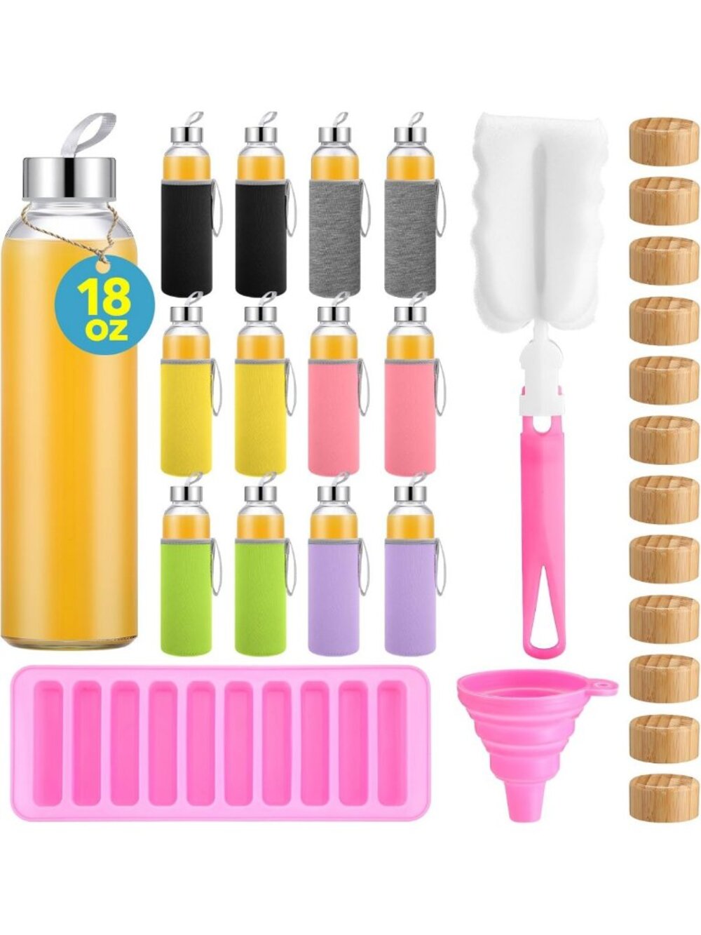 12 Pcs Reusable Glass Water Bottles with Sleeves, Lids, Funnel & Brush - Perfect